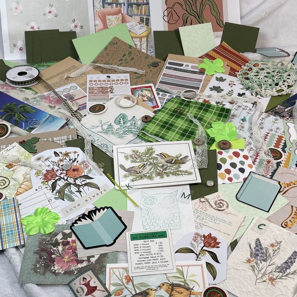 120+ Piece Junk Journal Scrapbook Supply Set Green Theme Ephemera Mixed Media